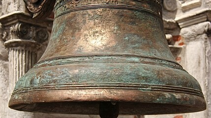 Fototapeta premium Old bronze church bell with rich patina and rusted surface in a belfry, close up showing weathered texture and historic charm of traditional architecture