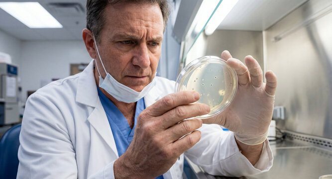 Mature male scientist in a white coat carefully examining a petri dish with bacteria cultures in a sterile lab for scientific research concept and medical discovery