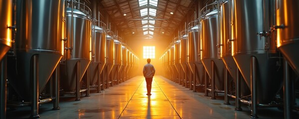 Man stands among metal tanks inside industrial hall. Light reflects on the floor creating bright glow. Person looks at window in modern factory plant indoor with equipment.