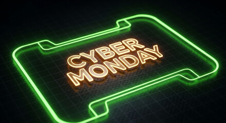 Glowing letters "Cyber Monday" within a green neon frame on a dark grid, representing online sales and marketing promotions for retail businesses