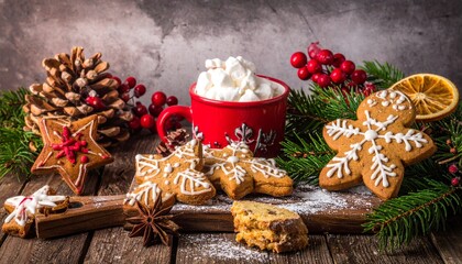 Christmas treats on rustic wooden table.