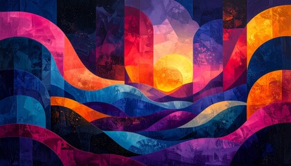 Abstract sunset landscape with colorful waves.