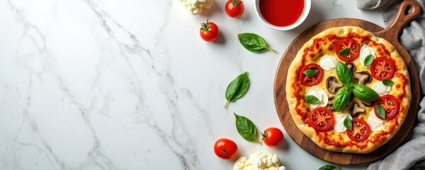 Top view of cauliflower pizza on white marble surface. Fresh ingredients including tomatoes basil, mushrooms arranged around dish. Image represents healthy vegetarian meal preparation perfect for