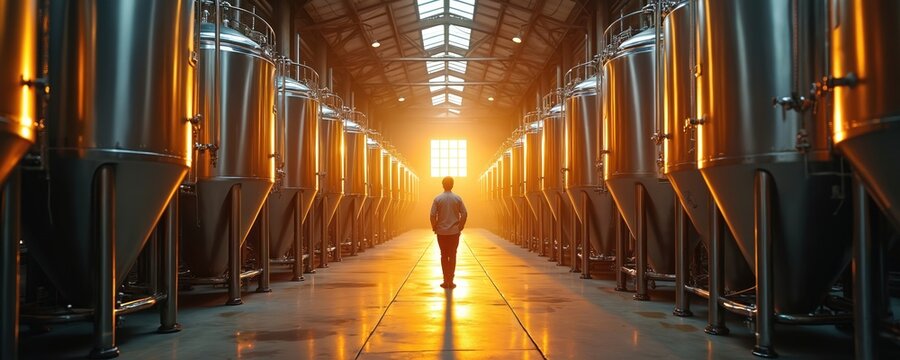 Man stands among metal tanks inside industrial hall. Light reflects on the floor creating bright glow. Person looks at window in modern factory plant indoor with equipment.