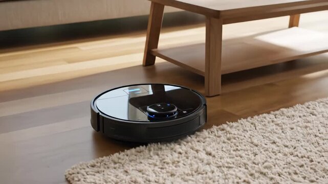 Controlling Smart Robot Vacuum with Voice Commands in Modern Living Room, Over-the-Shoulder View, Home Automation Concept