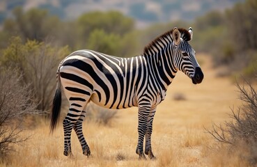 Obraz premium Wild zebra stands in dry savanna grass in Africa. Unique black, white stripes clearly visible on body. Iconic Burchells zebra mammal looks around natural environment, majestic creature.