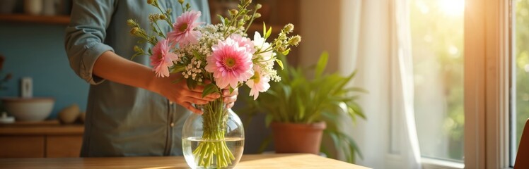 Obraz premium Person arranges pink and white flowers in a glass vase on a wooden table near a window. Sunlight streams in creating a bright, fresh atmosphere in the home or studio.