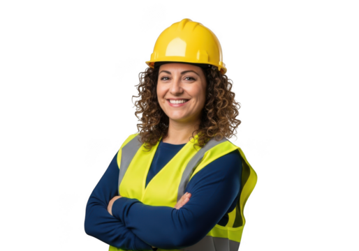Smiling female construction worker wearing yellow hard hat and reflective vest with arms crossed isolated on transparent background