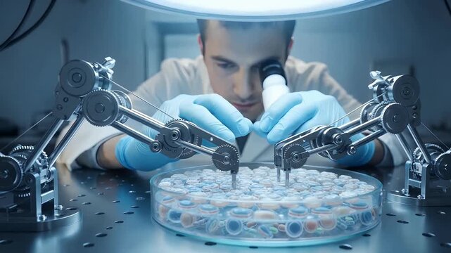 Scientist using robotic arms and microscope for advanced biological research in a lab.