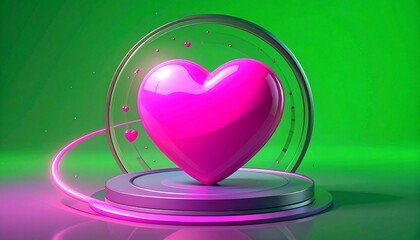 3D pink heart on stage with green background.