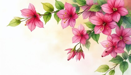 Pink bougainvillea flowers bloom with green leaves on branches against soft yellow, white background. Watercolor art style conveys delicate beauty, ideal for springtime tropical themes, invitations,