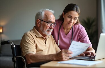 Female nurse assists senior man in a wheelchair to manage paperwork. They review documents together with laptop. Elderly person receives home healthcare support at desk.