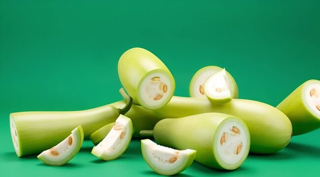 Whole and sliced fresh bottle gourds with seeds visible on a bright green studio backdrop for food concepts
