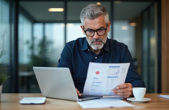 Mature man with glasses works on laptop checks financial charts. Professional executive reviews business paper report at desk in modern office. Focused person plans strategy.