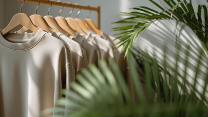 A rack of clothes is hanging in front of a plant. The clothes are neatly arranged on the rack, and the plant is in the background, providing a natural and calming atmosphere