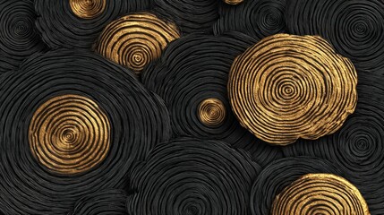 Black and gold design of circles and circles with gold in the middle. The circles are all different sizes