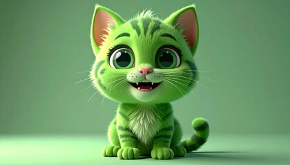 Adorable Green Cartoon Cat Smiling.