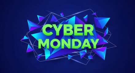 Geometric shapes in blue and purple surround green text "Cyber Monday", representing shopping and sales, perfect for advertisement and promotion