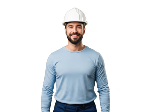 A smiling construction worker wearing a white hard hat and a light blue long sleeve shirt isolated on transparent background