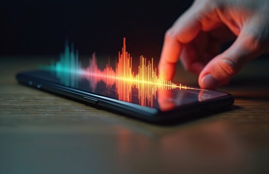 Hand uses smartphone with sound waves graphic on screen. Person gives voice command sends audio message. Digital assistant tech, audio analysis, modern communication, smart mobile device. New