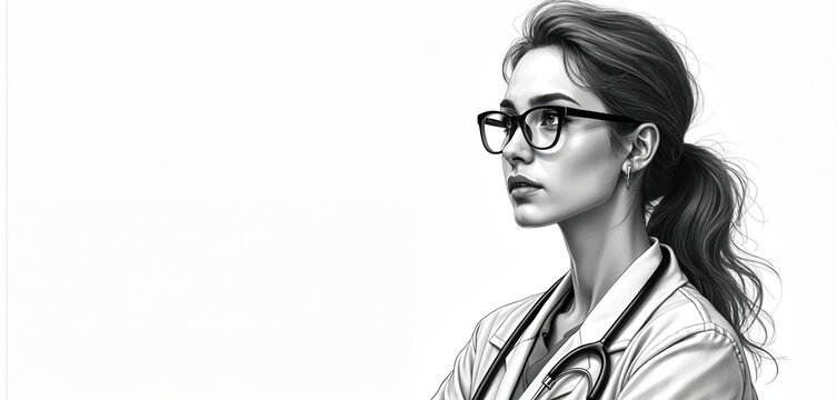 Young female doctor with glasses, stethoscope. Looks up thoughtfully, appearing focused on new medical developments. Pro woman in lab coat future health care tech innovations. Serious, caring