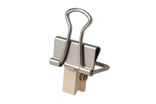 Metal bulldog clip holding wood block transparent background