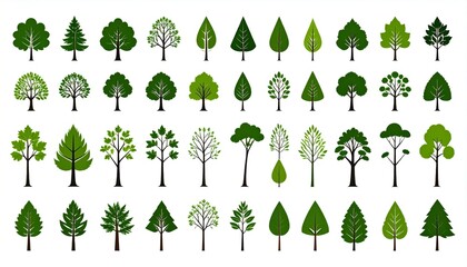 Assorted green trees isolated on white.