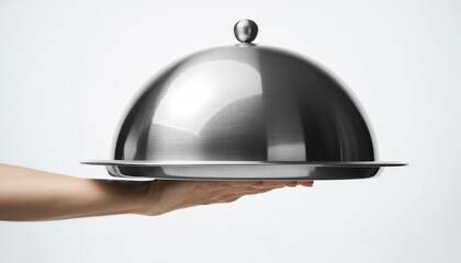 Hand holding a silver cloche: elegant presentation for gourmet dining themes