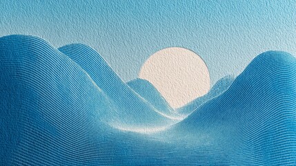 Blue and white painting of a mountain range with a sun in the sky. The sun is in the middle of the painting