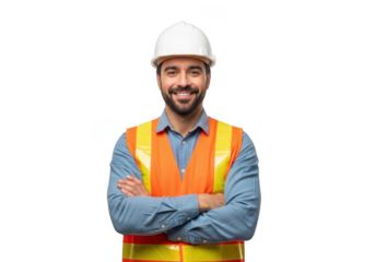 A smiling construction worker wearing a white hard hat and orange safety vest with arms crossed isolated on transparent background