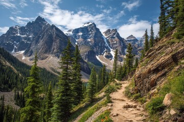 Obraz premium Breathtaking Hiking Trail Through Lush Forests and Majestic Peaks in the Canadian Rockies, Banff National Park, Canada