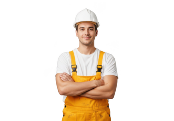 A confident male construction worker wearing a white hard hat and yellow overalls stands with crossed arms isolated on transparent background