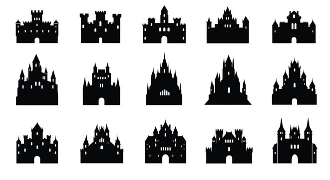Vector castle silhouette icons set, medieval architecture symbols, black flat design, graphic illustration, isolated on white background, front view, vector concept