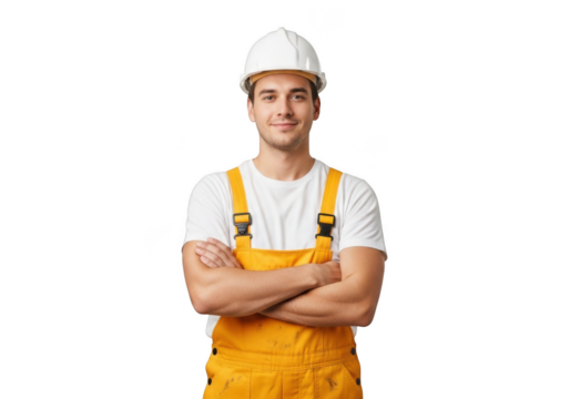 A confident male construction worker wearing a white hard hat and yellow overalls stands with crossed arms isolated on transparent background