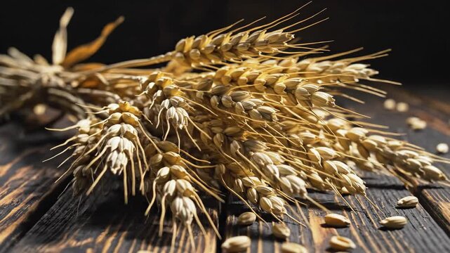 Golden wheat stalks bundled on rustic wooden surface natural grain harvest