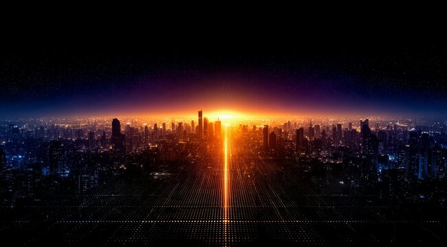 City skyline with a bright orange sun in the sky. The city is lit up at night, creating a warm and inviting atmosphere