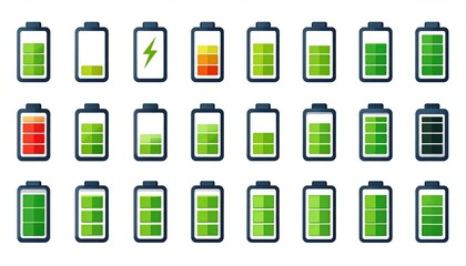 Battery charge level icons set.