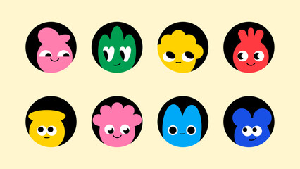 Whimsical characters mixing kawaii eyes, doodle emotions and geometric sticker aesthetics. funny cartoon logos and round profile avatars with cute doodle mascots