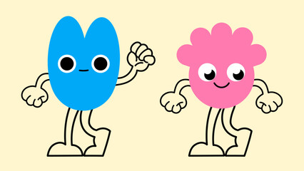 Playful geometric doodle mascots with kawaii eyes and expressive sticker emotions.