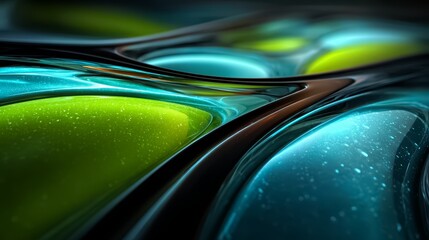 Colorful abstract painting with green and blue swirls. The painting has a sense of movement and energy