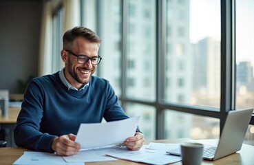 Happy businessman works with documents at office desk. Man smiles while studying reports and using laptop. Successful pro enjoys a productive workday.