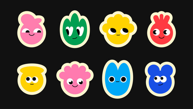 Naklejki Playful doodle characters with big kawaii eyes and geometric mascot sticker mood.