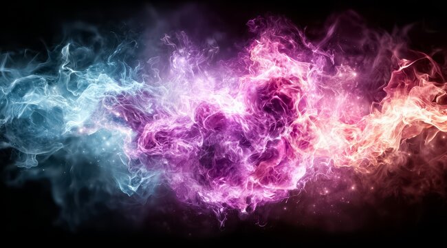 Colorful fire with blue, pink and purple flames. The fire is very bright and colorful