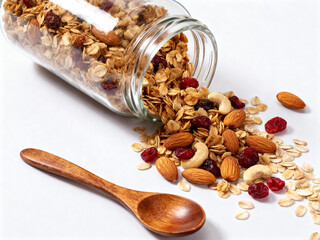 Homemade Granola Spilling from Jar with Wooden Spoon and Nuts Isolated