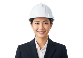 Smiling asian woman wearing white hard hat and dark suit jacket isolated on transparent background