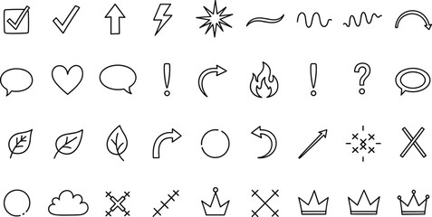 Symbol icon set, minimal line drawings, black vector graphics, abstract shapes, UI elements, decorative signs, concept illustrations