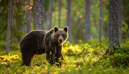 Brown bear in forest with sunlight.