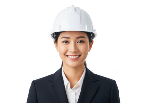 Smiling asian woman wearing white hard hat and dark suit jacket isolated on transparent background