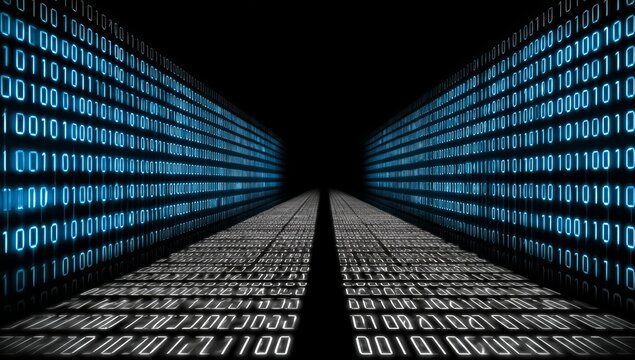 Computer screen with a lot of numbers on it. The numbers are in blue and white. Concept of technology and information