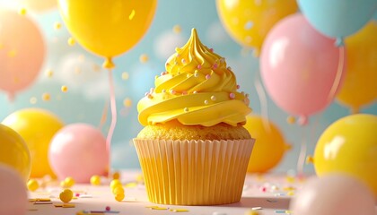 Birthday cupcake with balloons.